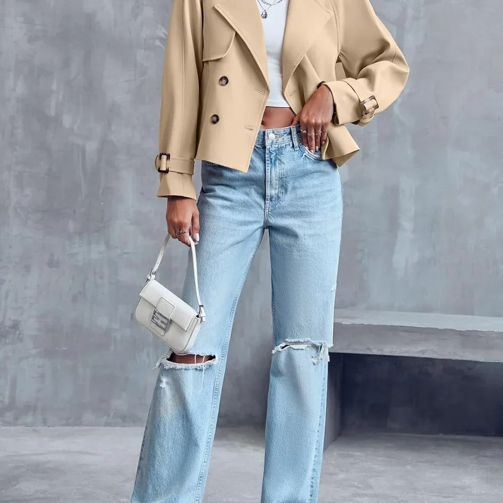 Women Crop Double Breasted Trench Coat Raglan Sleeve Work Office Cropped Jacket - Picture 4 of 6